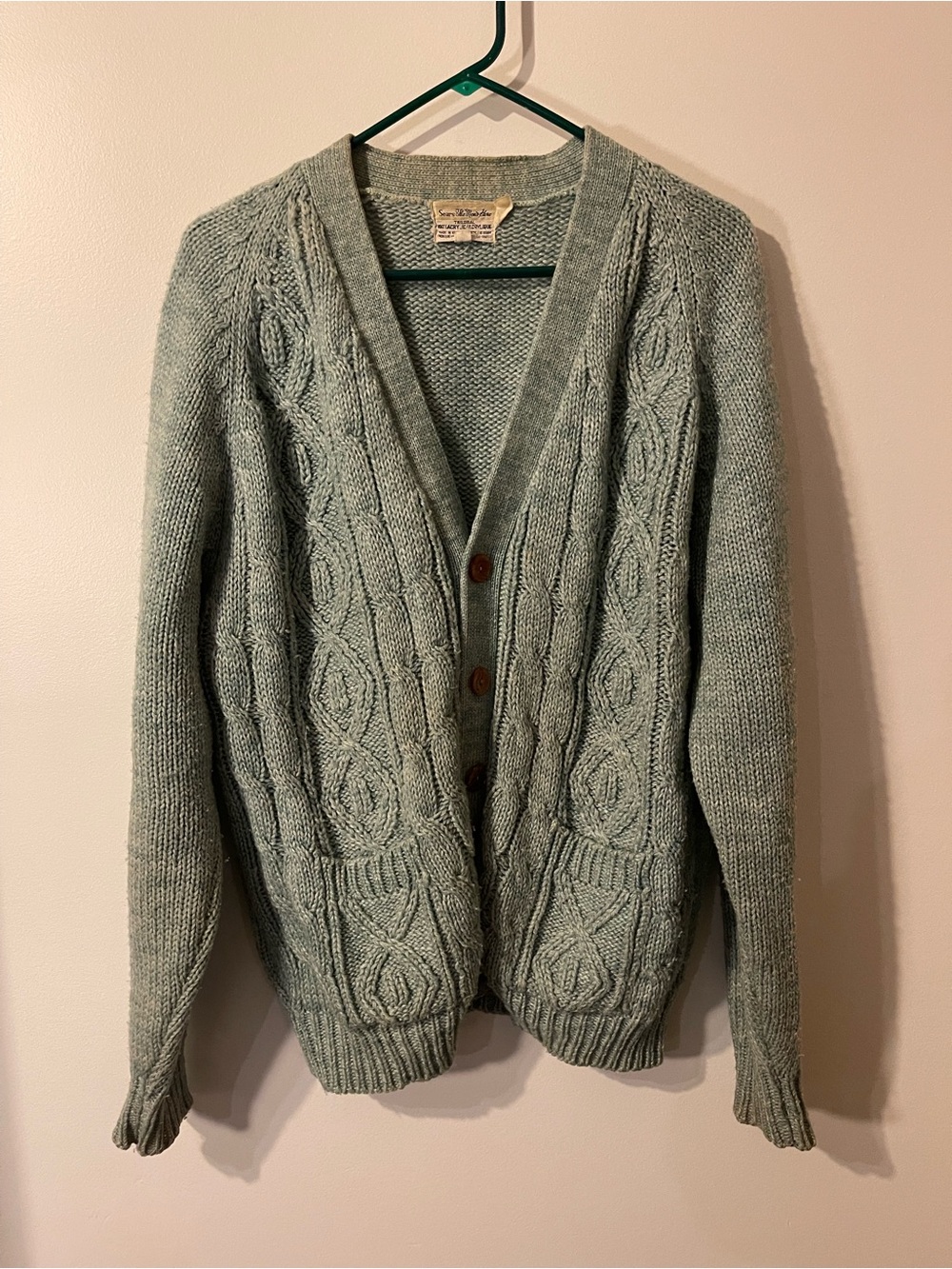 Vintage Sears The Mens Store Sage Green Cable Knit Cardigan Sweater XL 46